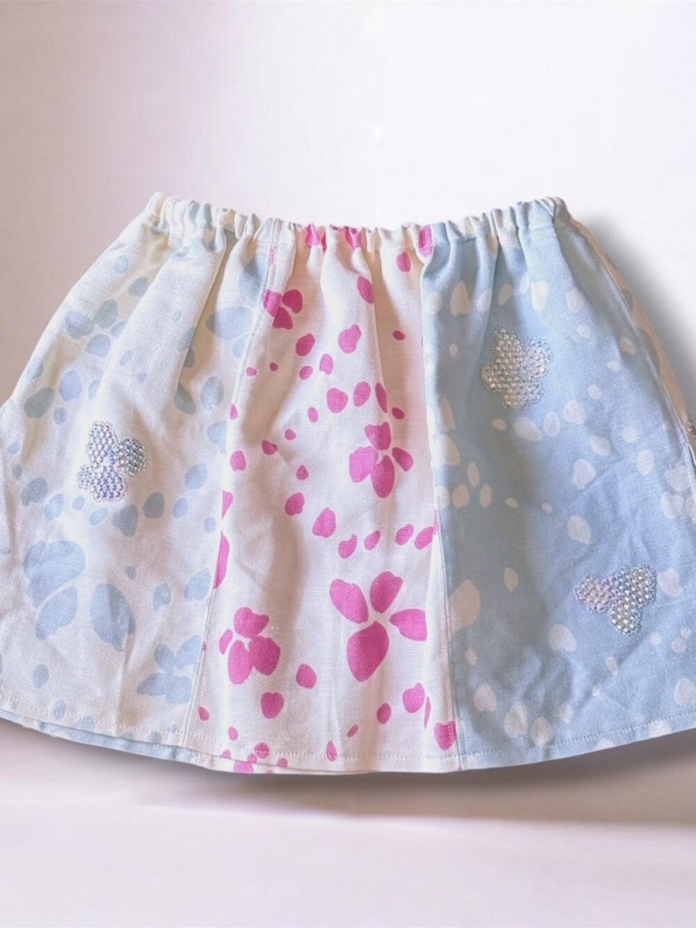 Handmade Pink Blue Floral Mini Skirt Iridescent Beaded Elastic Waist Small